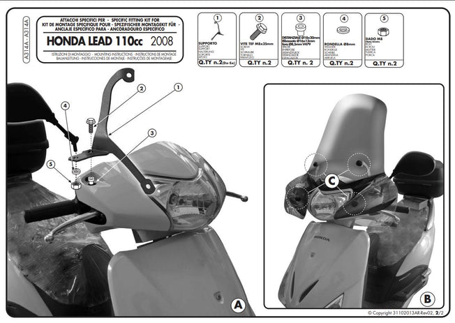 GIVI Kit Attacchi Parabrezza trasparente per Honda Lead 110 2008 - 2014