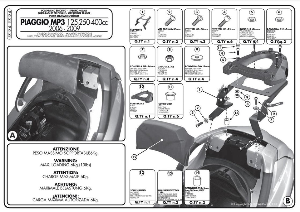 KAPPA Attacco + Piastra + Schienalino Monolock Per Piaggio Mp3 250 2006-2011