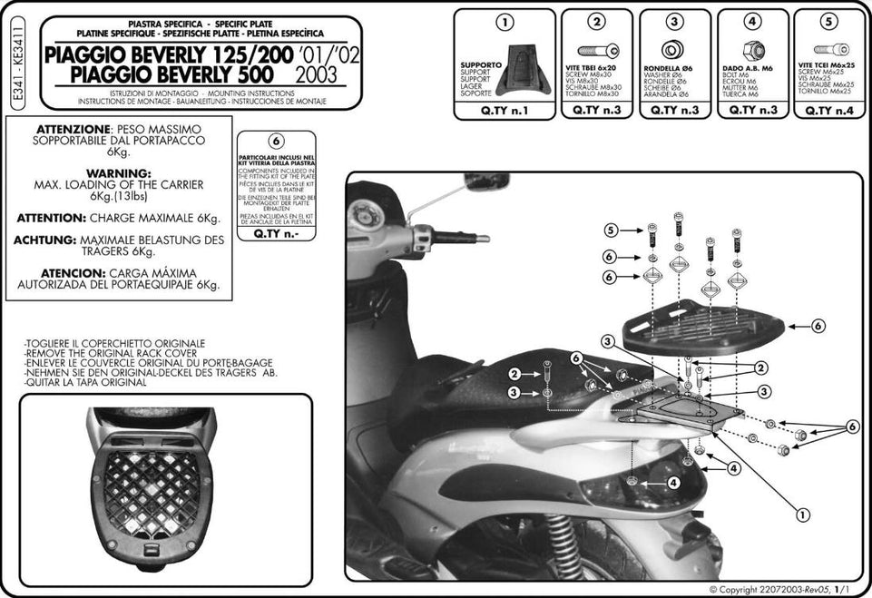 KAPPA Attacco Per Piastra Baulet Monolock Per Piaggio Beverly Tourer 400 2008-10