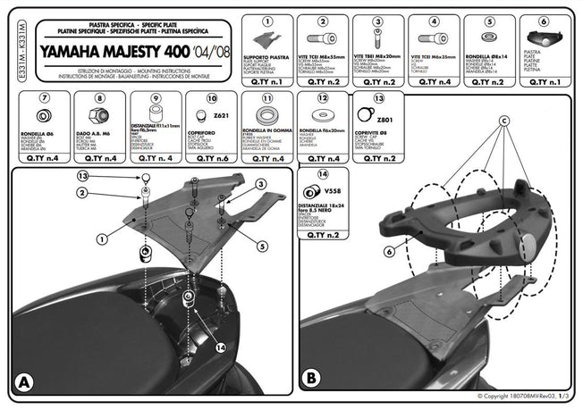 GIVI KIT Piastra Attacco posteriore Bauletto M.lock per Yamaha Majesty 400 04-14
