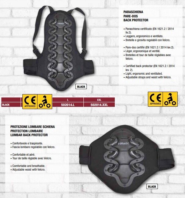 Hawk Protezione Schiena LV2 Paraschiena Lombare Certificato Omologato Bretelle