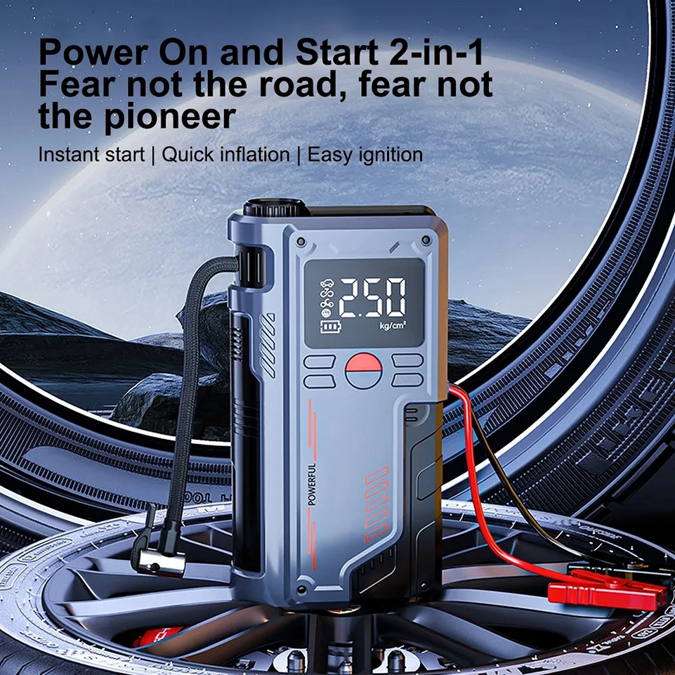 2 in 1 Avviatore Emergenza gonfia gomme Auto Moto Scooter Power Bank 12V 1000A Luce Led Usb ricarica - LGMoto SRL