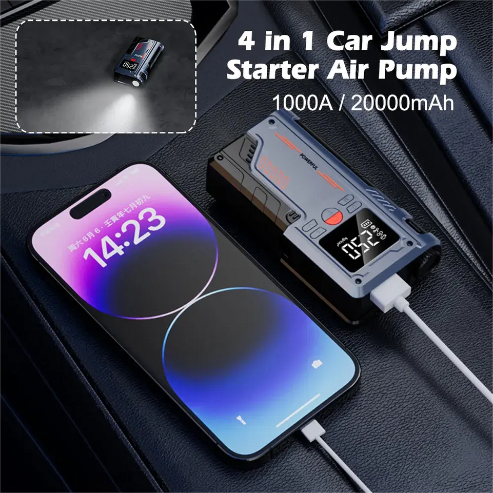 2 in 1 Avviatore Emergenza gonfia gomme Auto Moto Scooter Power Bank 12V 1000A Luce Led Usb ricarica - LGMoto SRL