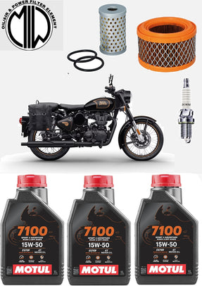 Kit Tagliando Motul 7100 15W50 con Filtri e Candela per ROYAL ENFIELD 500 2018-2020