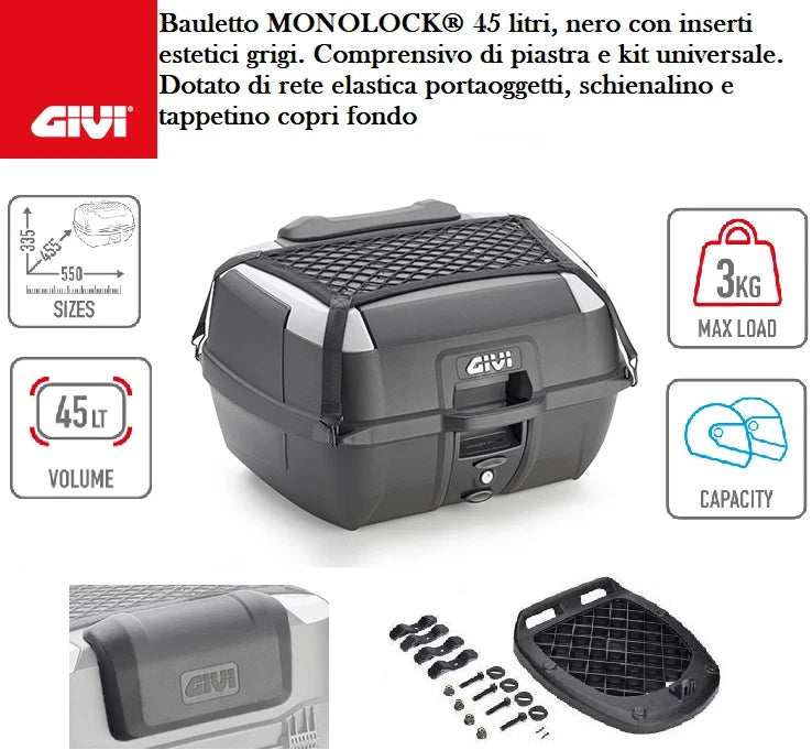 GIVI Bauletto Portapacchi +Piastra Monolock + schienalino 45LT Nero Moto Scooter