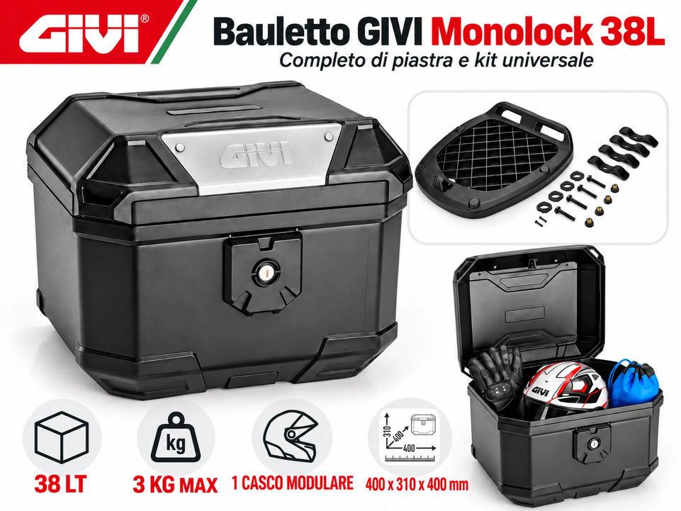 GIVI Bauletto Monolock Bernina 38Lt + Piastra, Kit Universale per Moto / Scooter - LGMoto SRL