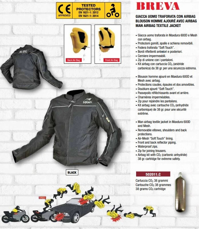 Hawk Giacca uomo Airbag CE Breva Traforata Protezioni Schiena Spalle Gomiti Moto
