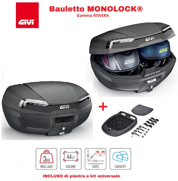 GIVI Bauletto + Attacco Posteriore Moto MONOLOCK® Nero RIVIERA 46lt con Piastra e Kit Fissaggio Fume