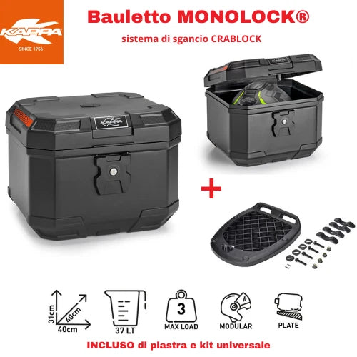 KAPPA Bauletto Moto MONOLOCK® Nero K’Box 37lt con Piastra e Kit Fissaggio