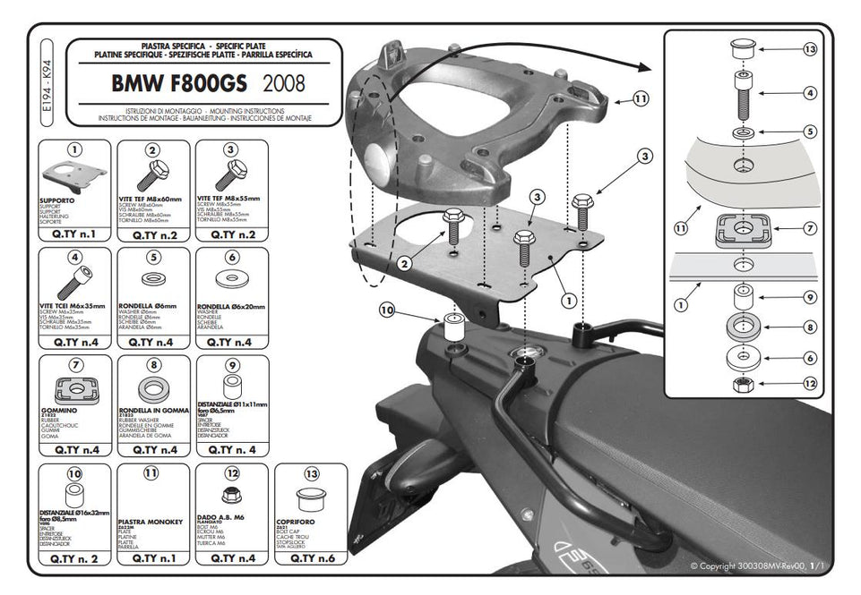 GIVI KIT Piastra Attacco post. Bauletto Monokey per BMW F 650GS/F 800GS 2008-17