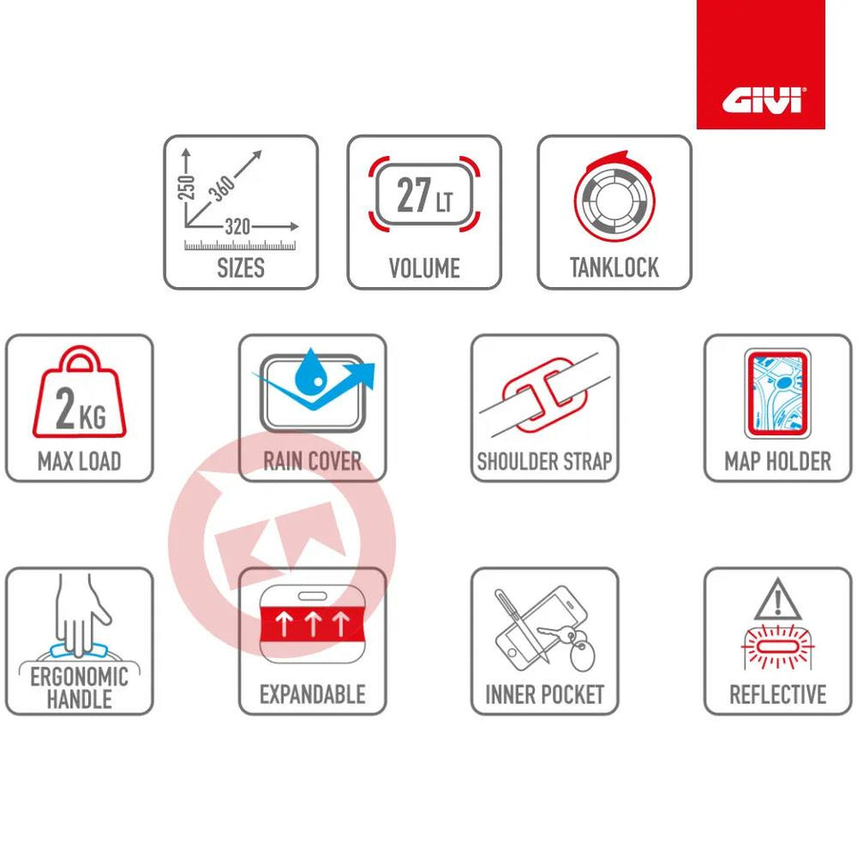 GIVI Borsa da serbatoio Easy-T TANKLOCK, 27Lt, 360 x 320 x 250 per moto Enduro