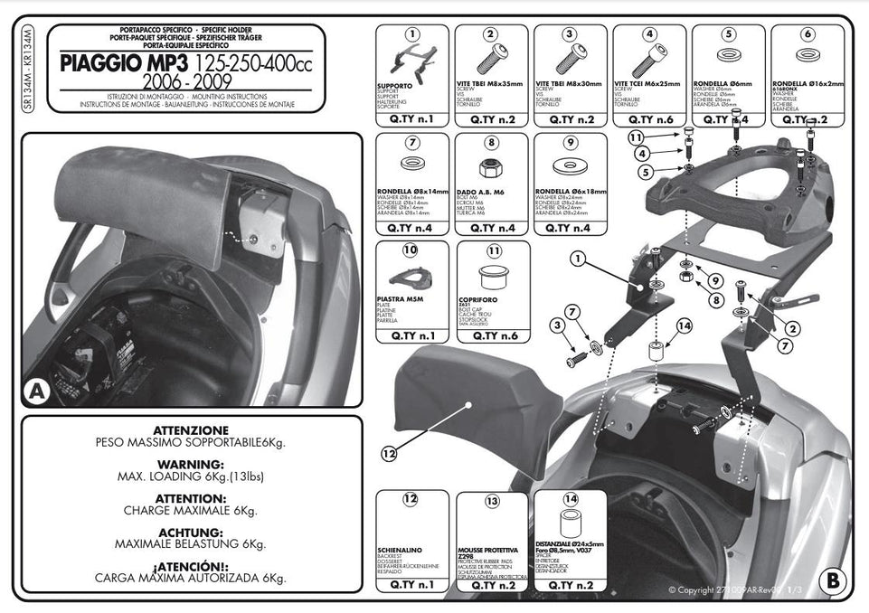 KAPPA Attacco + Piastra Monokey + Schienalino Per Piaggio Mp3 300 2006-2011