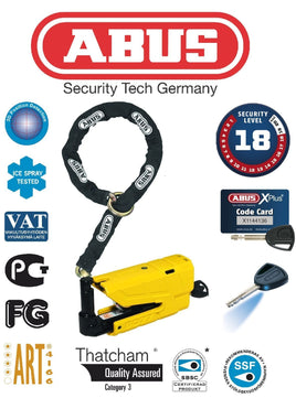 ABUS BLOCCA DISCO GIALLO DETECTO 8077 X-PLUS + CATENA IN ACCIAIO 12mm/120cm LOOP