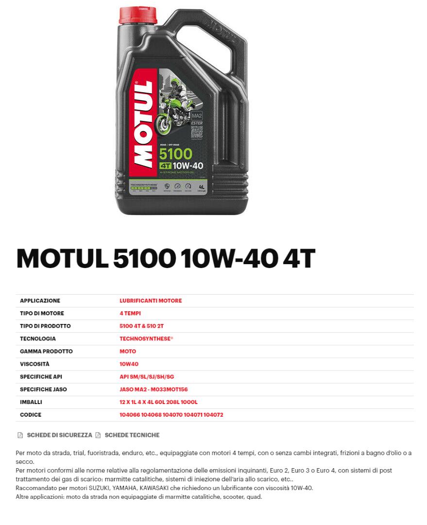 MOTUL 5100 OLIO MOTORE 4t MOTO SEMI SINTETICO 10W40 API SM/SL/SJ/SH/SG 4 LITRI