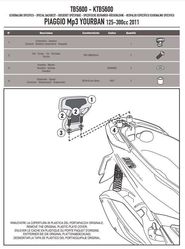 GIVI kit Schienalino nero per passeggero per PIAGGIO Mp3 300 HPE 2019 - 2022