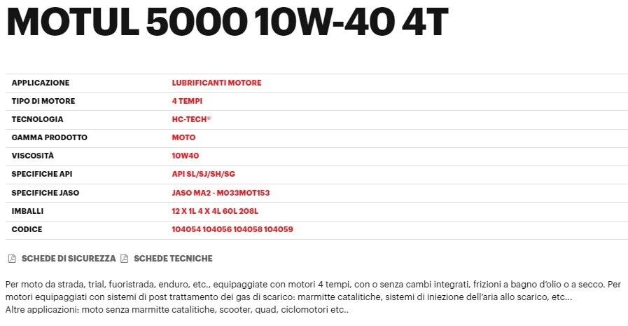 1 LT OLIO MOTORE MOTUL MOTO 4T 5000 10W40 TECHNOSYNTHESE ESTER HC-TECH MA2